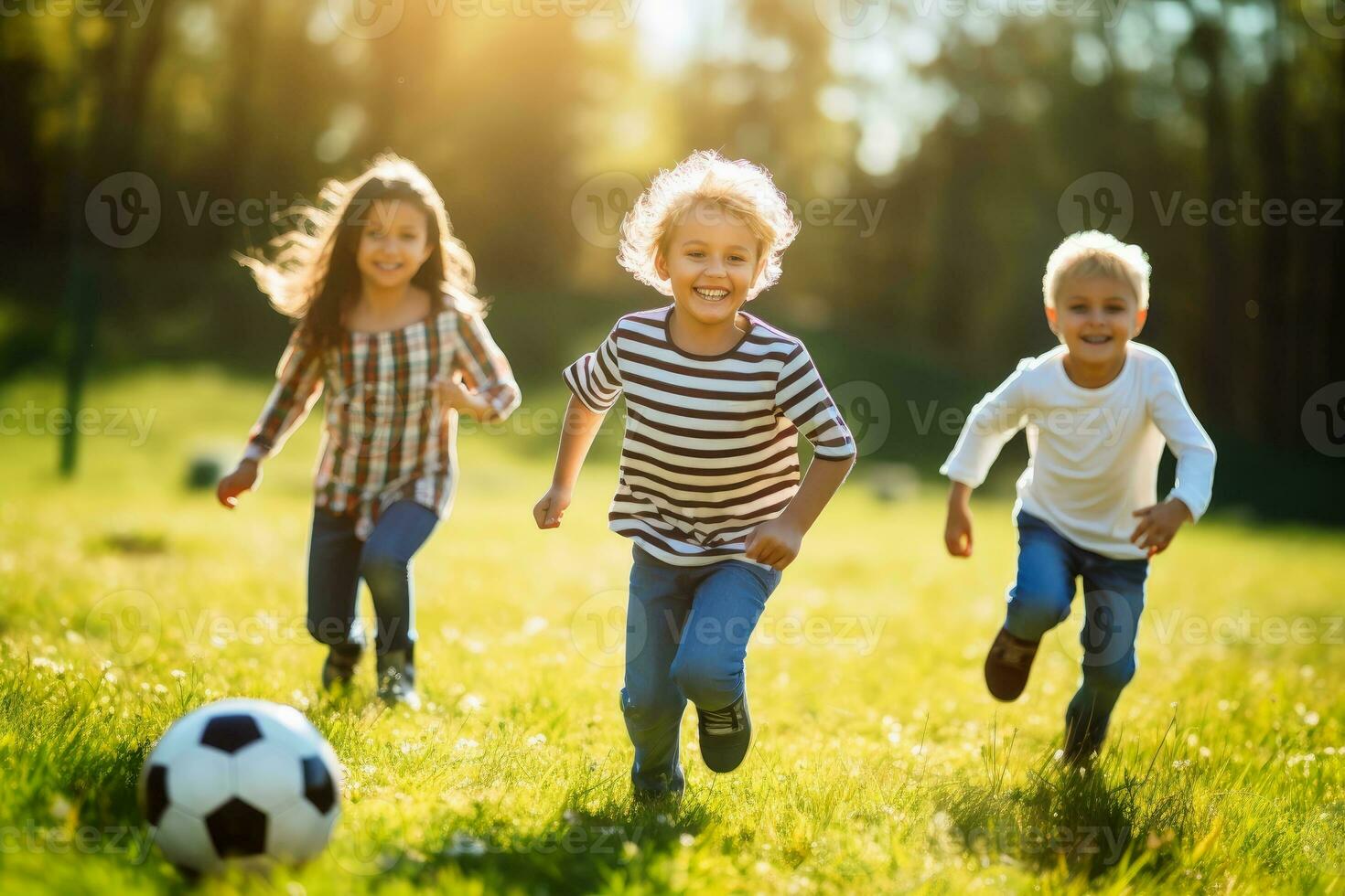 contento bambini giocando palla su un' giocando campo.ai generativo foto