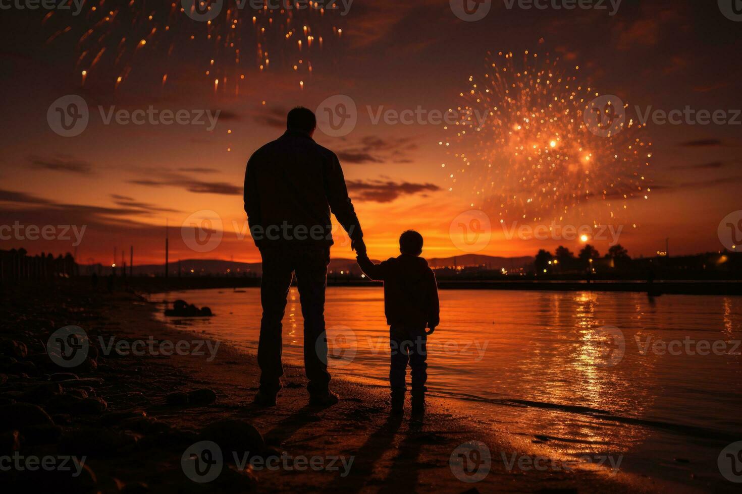 silhouette di padre e figlio con fuochi d'artificio su il sfondo di il città. indietro Visualizza di padre e figlio guardare a fuochi d'artificio su notte città sfondo. ai generato foto