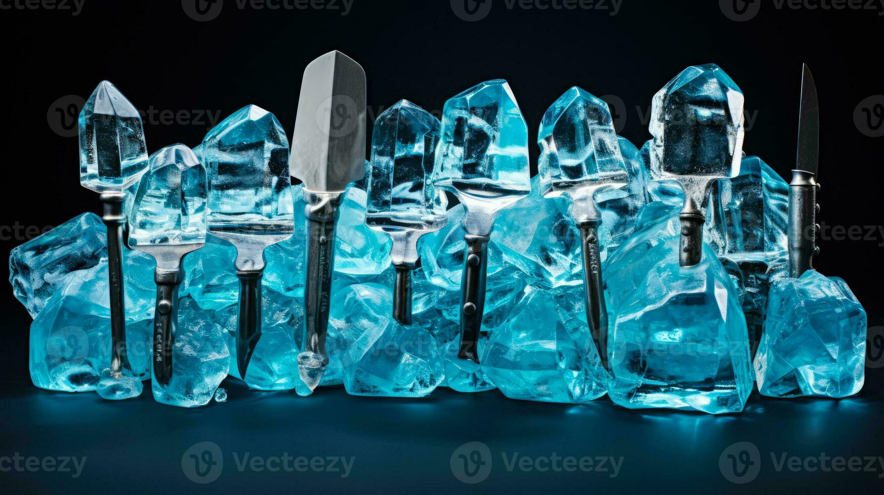 ghiaccio scolpire utensili meticolosamente disposte isolato su un' pendenza sfondo foto