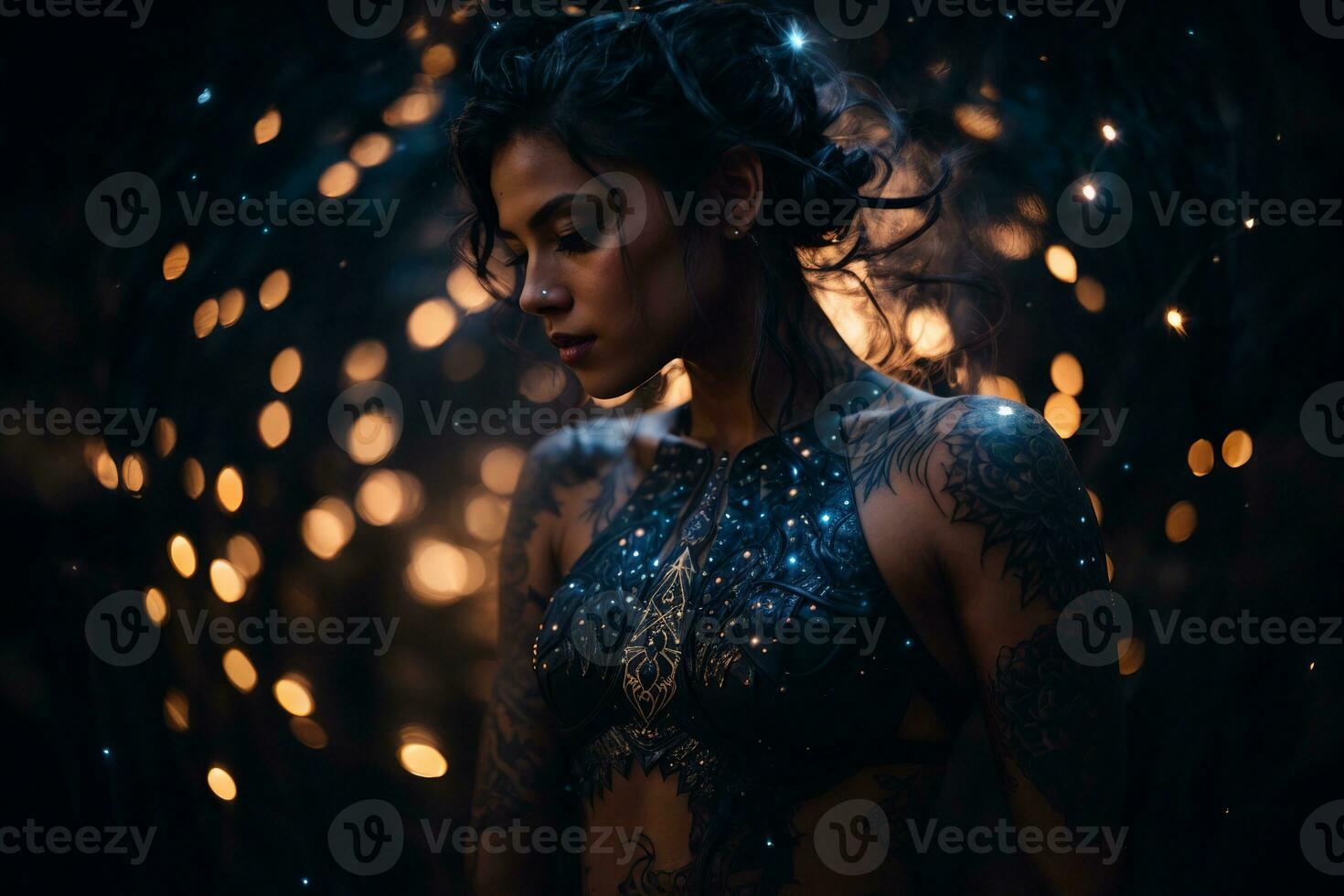 bellissimo donna, indossare un' blu vestito con intricato argento disegni e tatuaggi, in piedi nel un' buio foresta con piccolo luci sospeso a partire dal un' albero, misterioso e incantevole umore - ai generativo foto