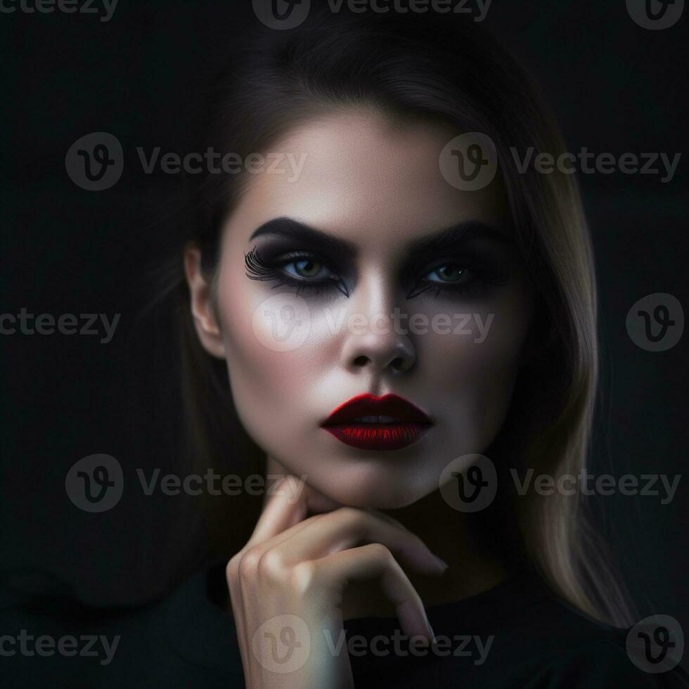 bellissimo donna con vampiro trucco, lungo buio capelli, indossare un' nero superiore, illuminato a partire dal il davanti, con loro mano riposo su loro mento - ai generativo foto