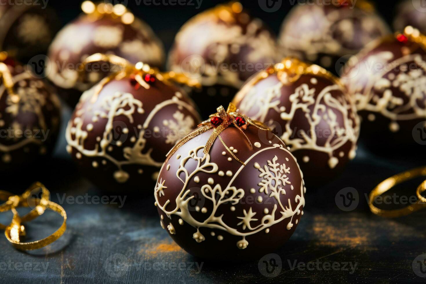 festivo cioccolato ornamenti con commestibile Natale dipinti sfondo con vuoto spazio per testo foto