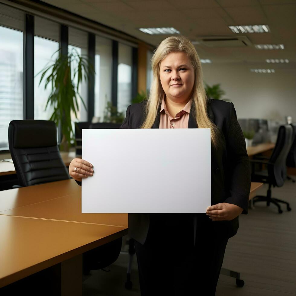 un' donna affari manager o Amministratore delegato Tenere un' vuoto cartello nel un ufficio. ai generativo foto