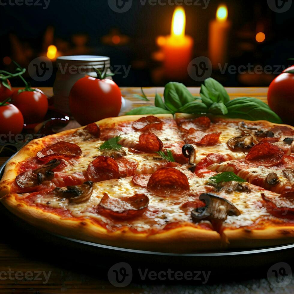 avvicinamento foto di un' gustoso Pizza con pomodori su il tavolo nel il ristorante. alto qualità. ai generativo