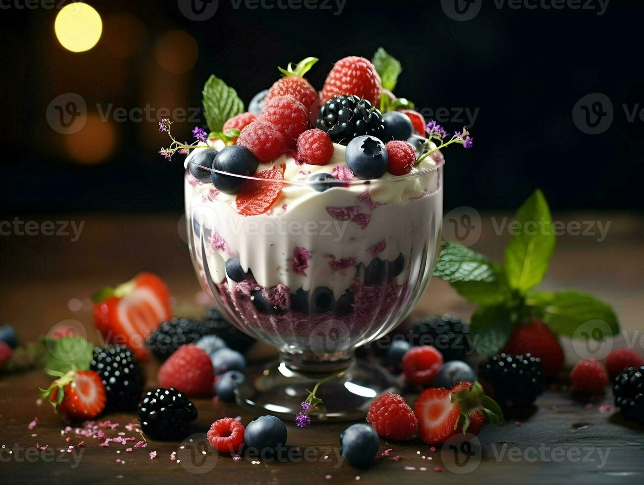 Yogurt con ghiaccio nel un' bicchiere ciotola con frutti di bosco. alta risoluzione. ai generativo foto