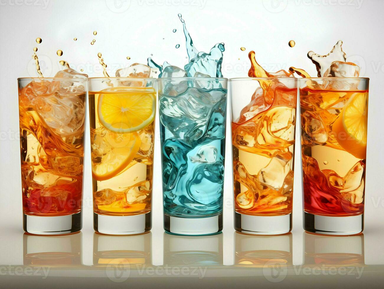 bicchieri con succo e ghiaccio con spruzzi su il bianca sfondo. alto qualità. ai generativo foto