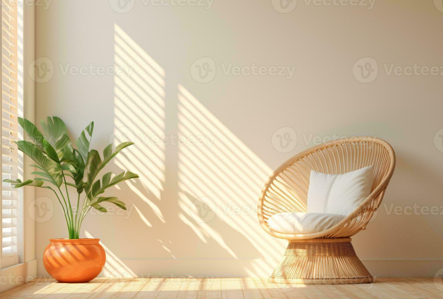 di vimini sedia e in vaso pianta di il finestra 3d rendere. ai generato foto
