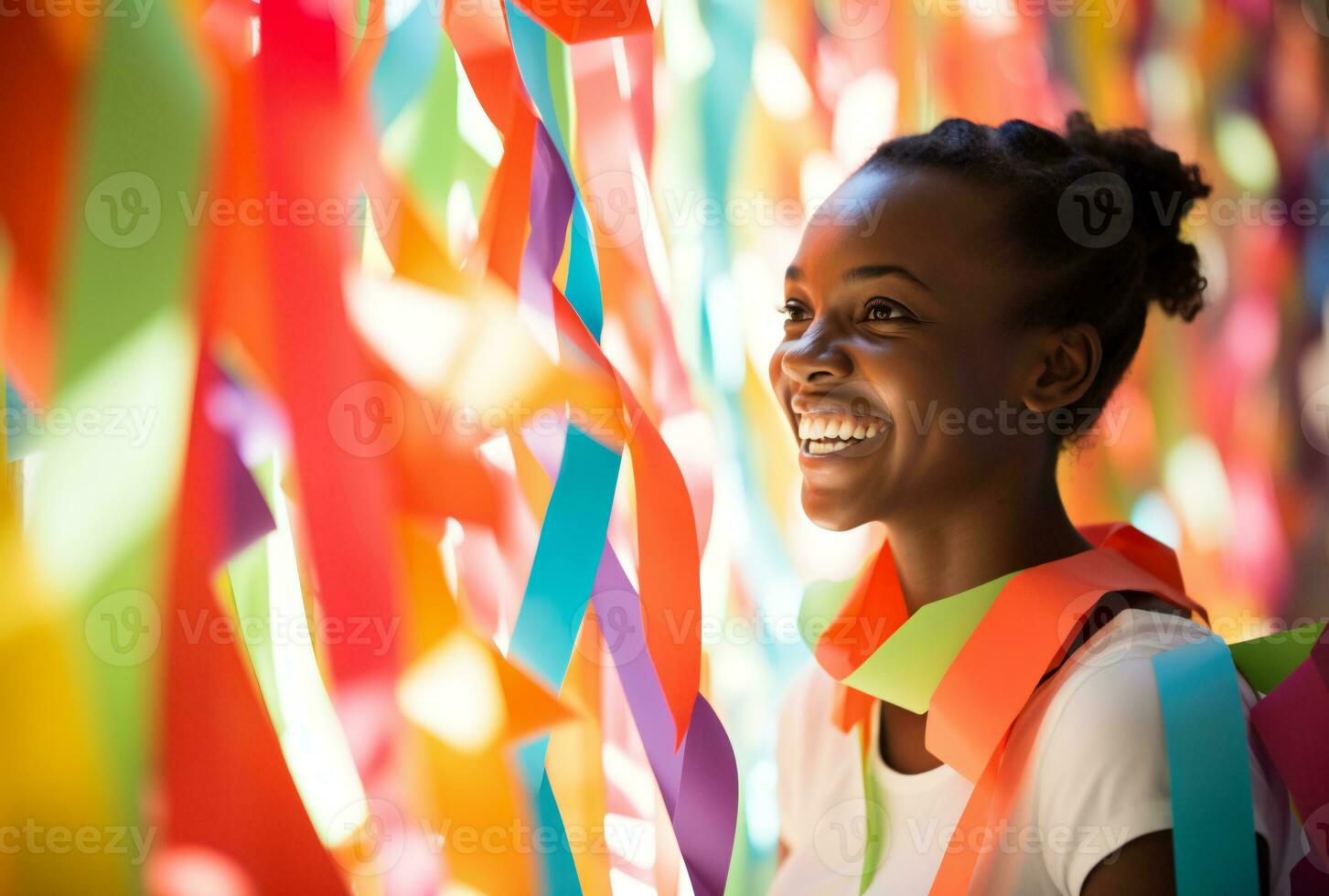 africano donna sorrisi dietro a colorato strisce di nastro cravatta scolara stile di vita. ai generato foto