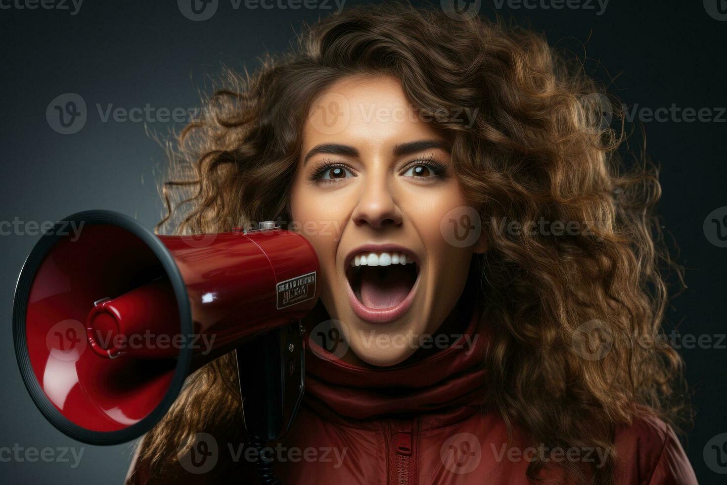 ritratto di un' giovane donna urlando attraverso un' megafono. ai generato foto