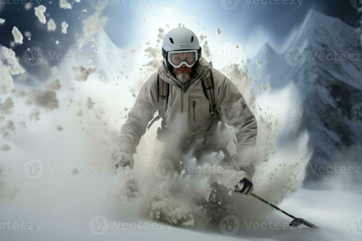 sciatore sciare discesa nel alto montagne durante soleggiato giorno. misto media. estremo inverno sport. 3d illustrazione. freeride sciatore scorrevole discesa nel neve su un' buio sfondo. ai generato foto