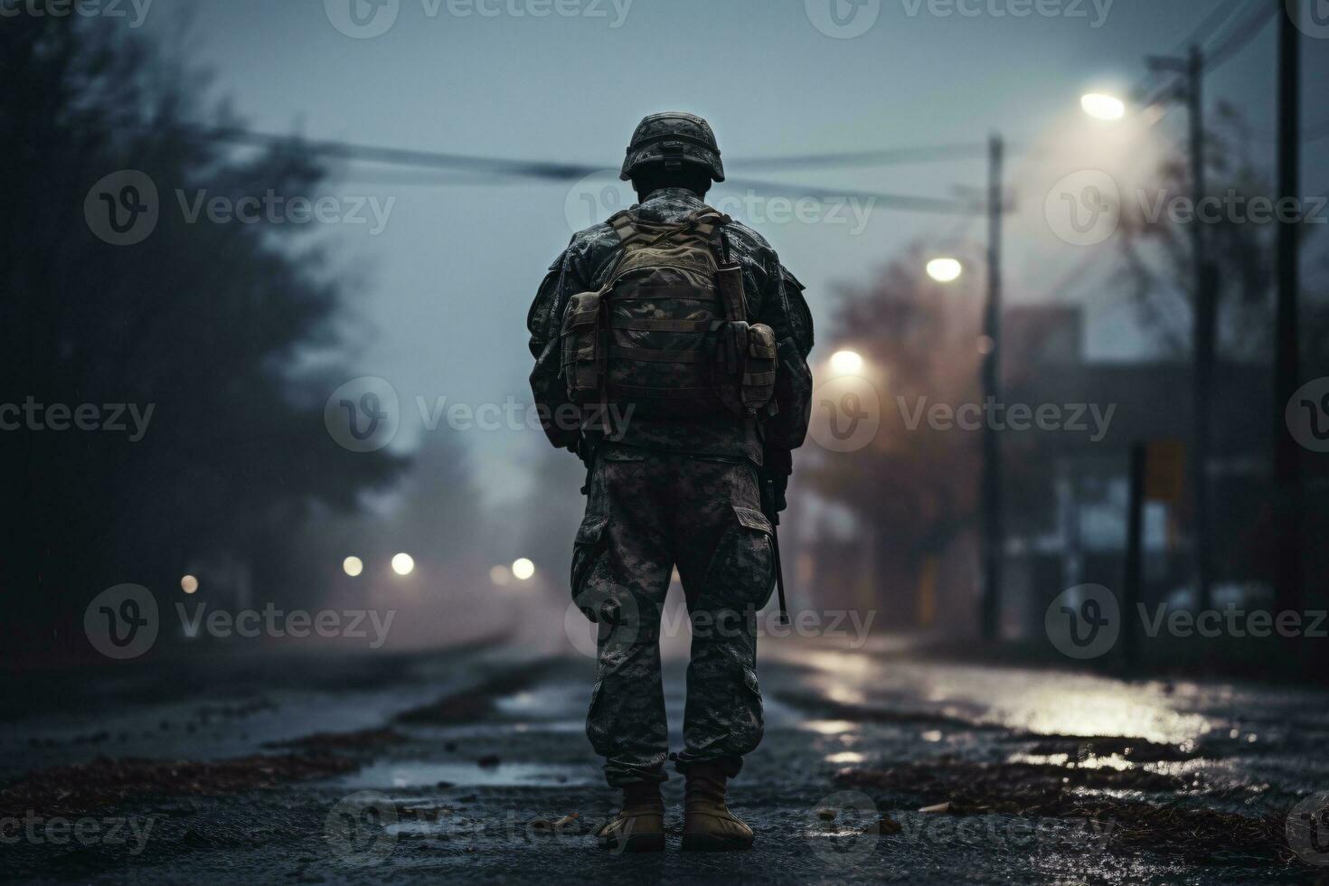 un' soldato in piedi solo di fronte il Indietro, ai generato foto