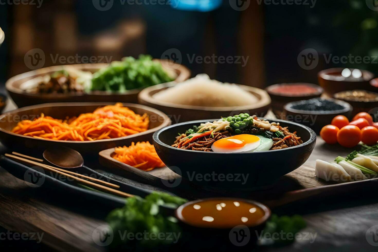 il telecamera è messa a fuoco su bibimbap, e il sfondo dietro a esso sembra sfocato ai generato foto