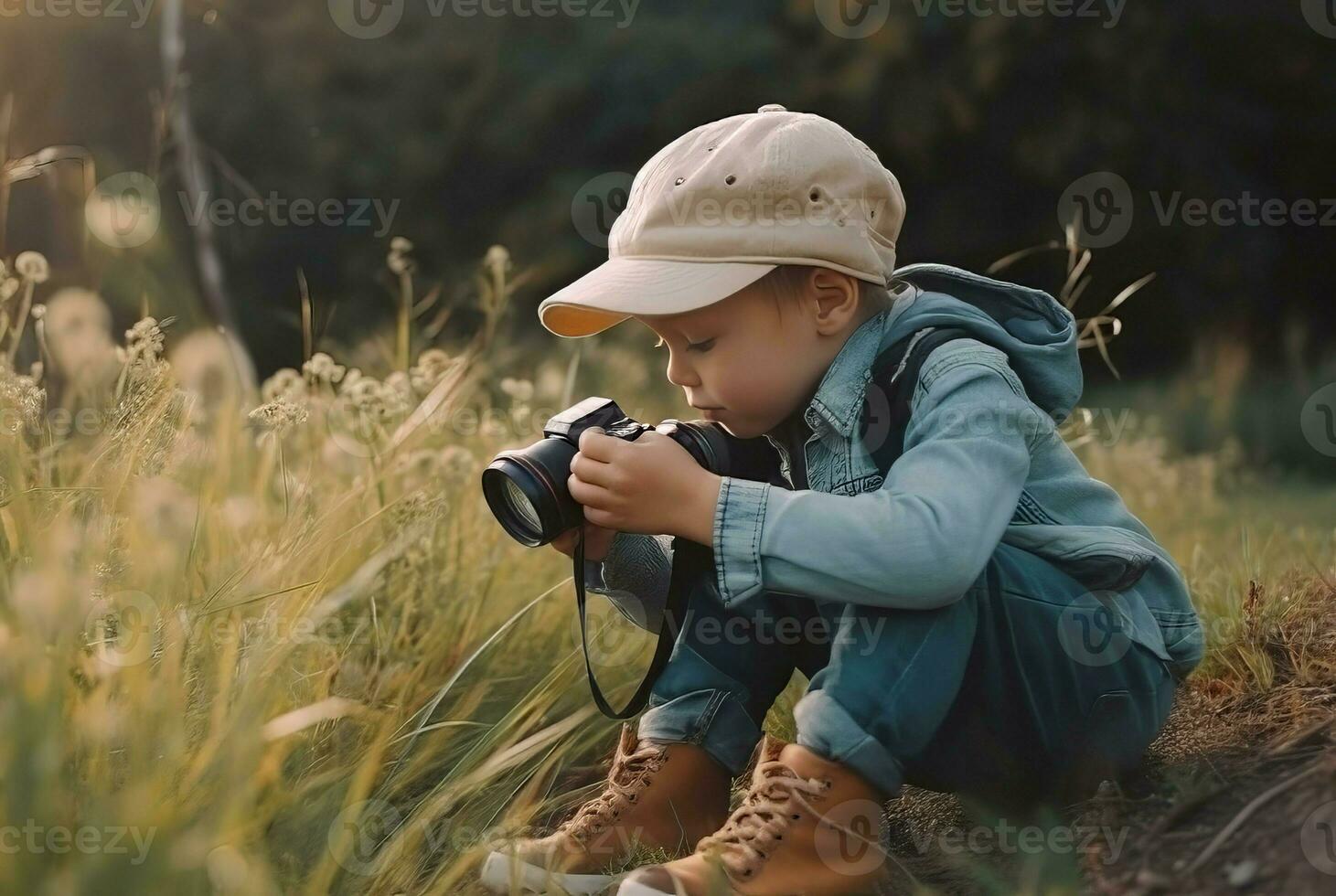 bambino piccolo Esplorare autunno con telecamera nel campo. creare ai foto