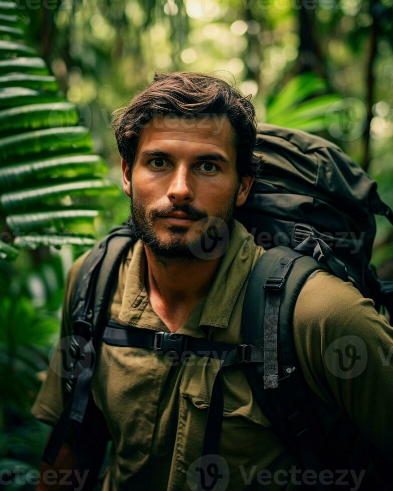 un' uomo nel il mezzo di un' abbandonato e verde natura. generativo ai foto