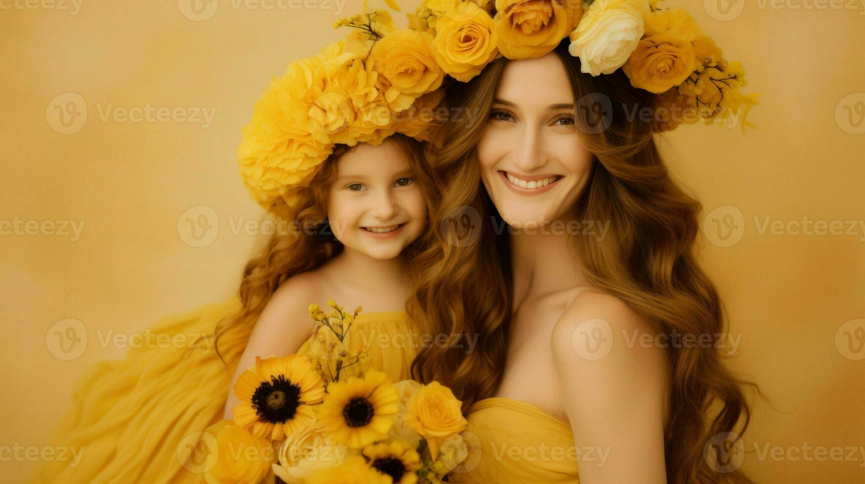 madre e sua poco figlia indossare un' corona pieno di fiori. generativo ai foto