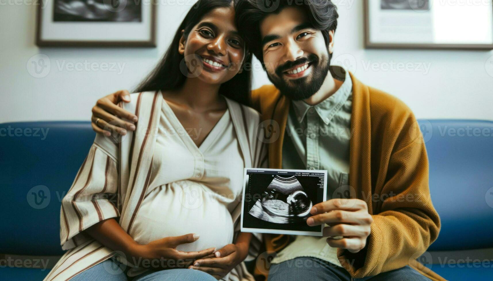 avvicinamento di un' diverso coppia nel un' ospedale in attesa camera. il donna di Sud asiatico origine è visibilmente incinta e il uomo di indigeno origine è Tenere un ultrasuono foto di loro bambino generativo ai