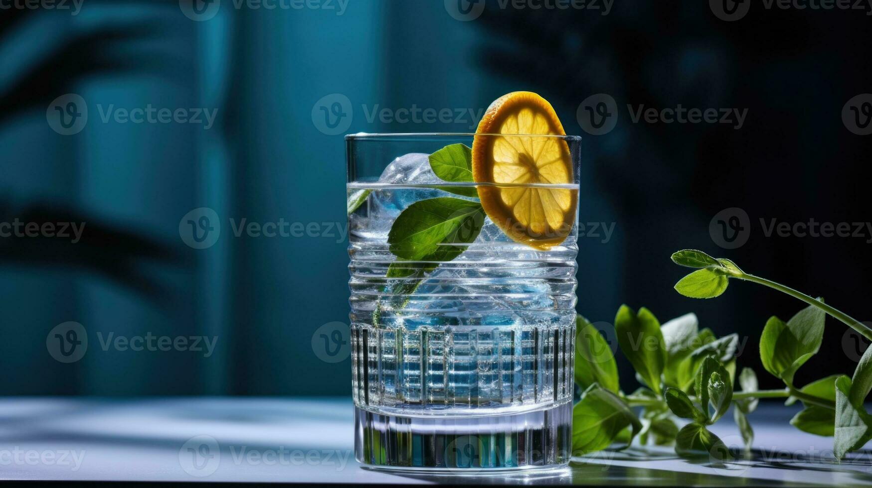 cocktail con ghiaccio e menta su un' buio blu sfondo. ai generato foto