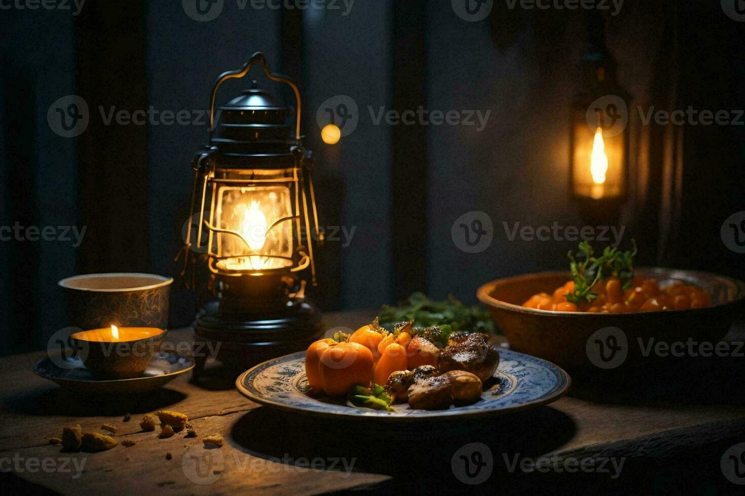 un' tavolo ambientazione con indiano cibo e un' lanterna. ai generativo foto