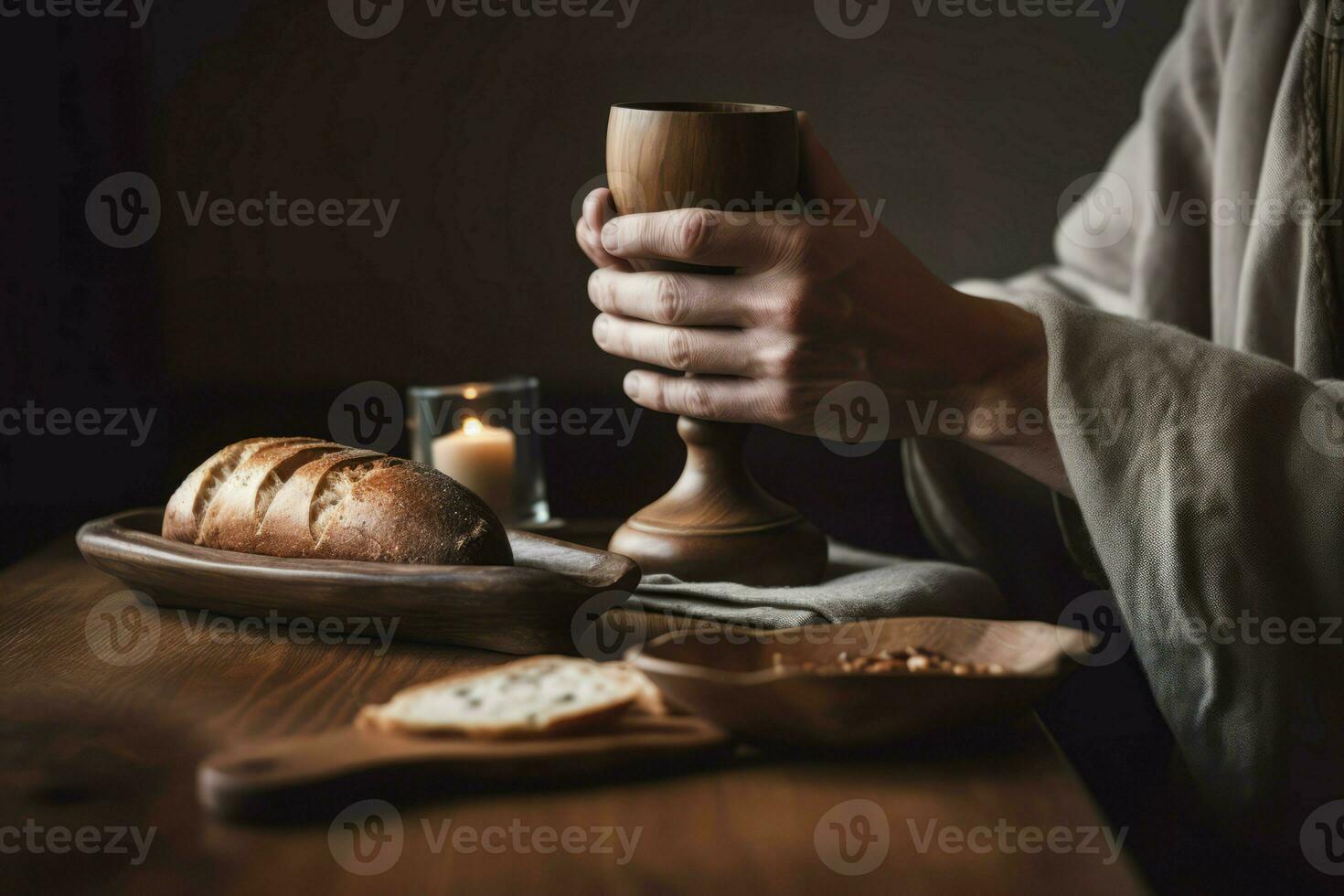 cena rustico pane vino tazza. creare ai foto