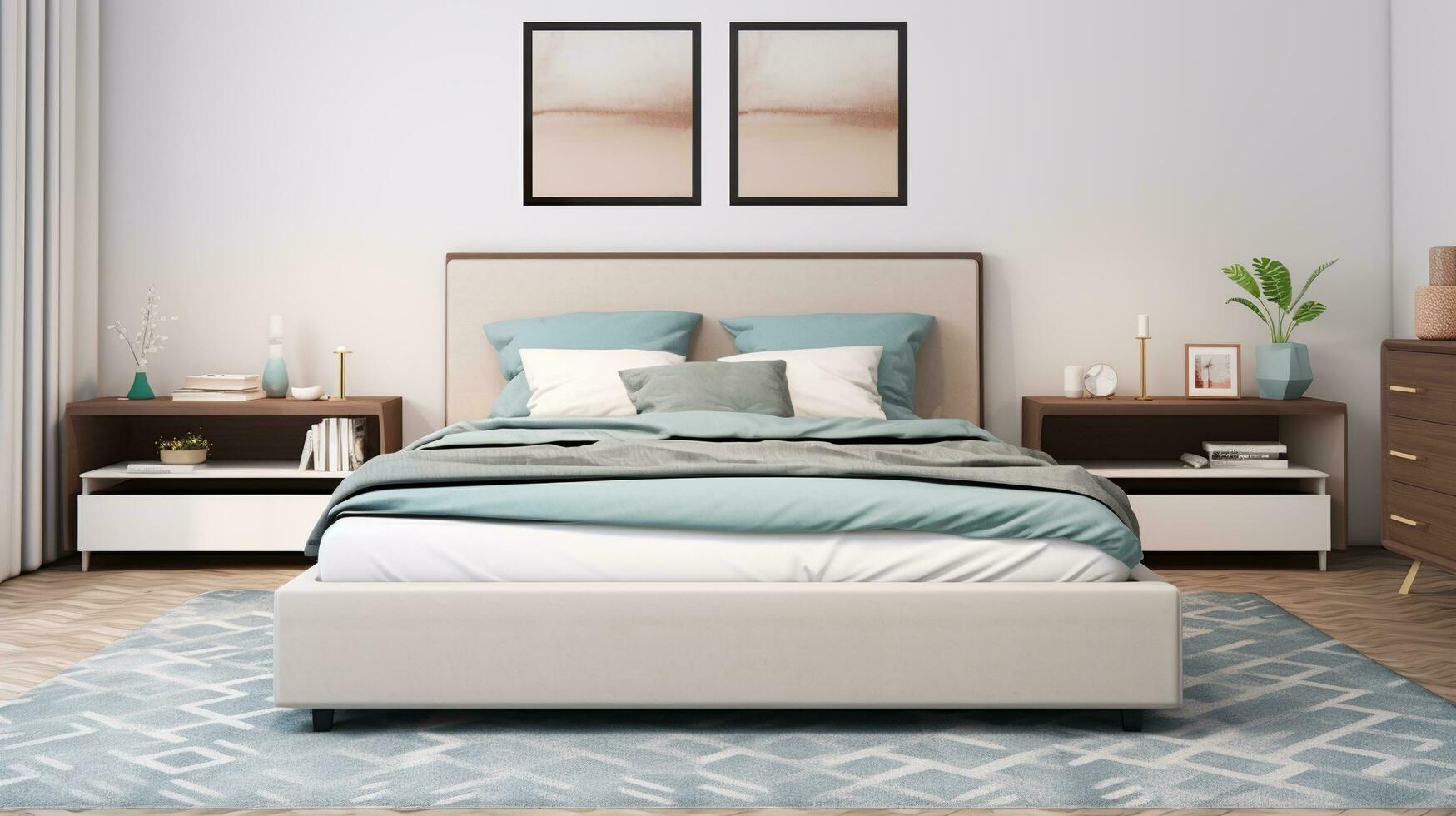 interno design di moderno Camera da letto con grande arte manifesto telaio ai generato foto