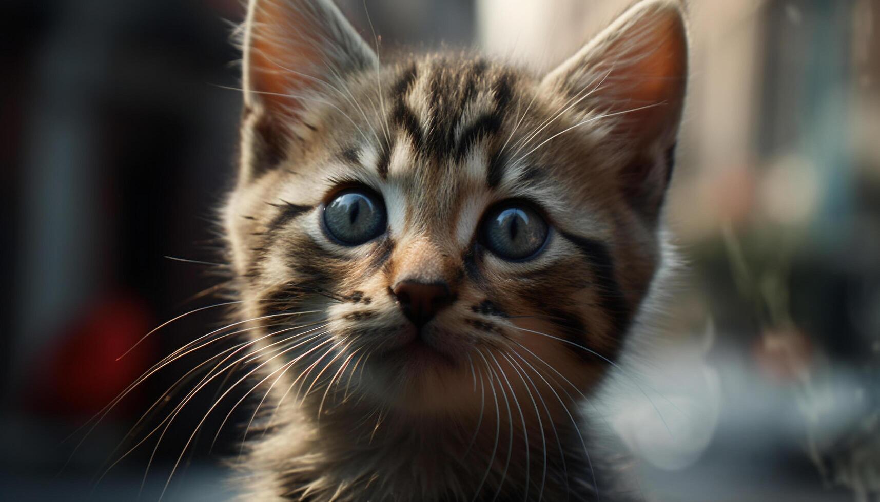 carino gattino seduta al chiuso, fissando a telecamera attraverso finestra generato di ai foto