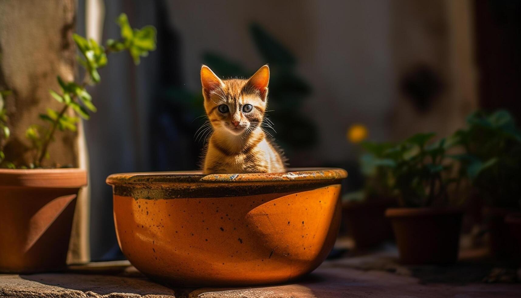 carino gattino seduta all'aperto, guardare a telecamera nel estate luce del sole generato di ai foto