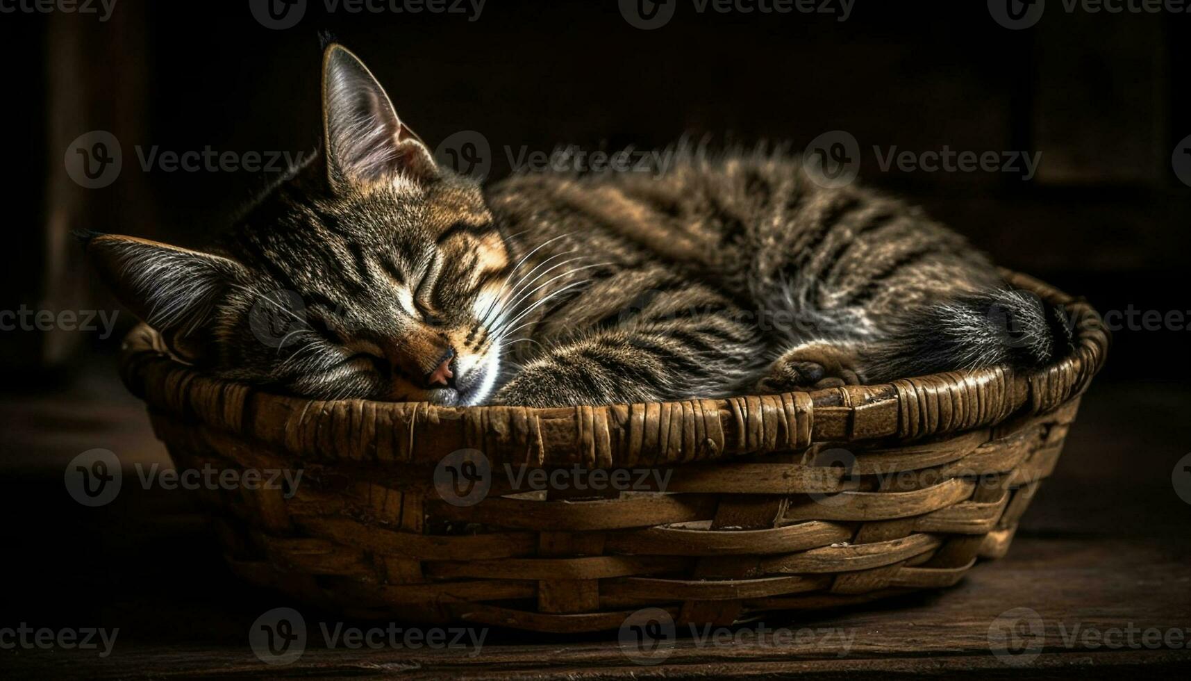 carino gattino addormentato nel un' cestino, soffice pelliccia e a strisce generato di ai foto