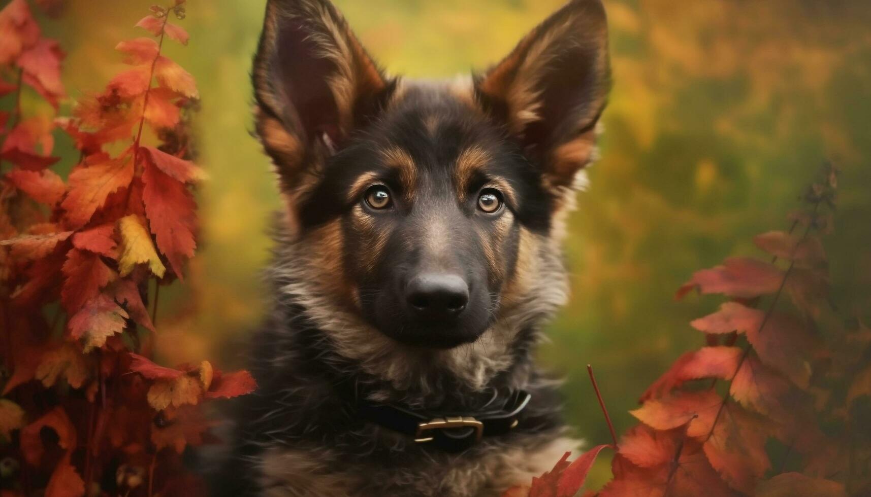 carino cucciolo seduta nel autunno erba, guardare a telecamera generato di ai foto