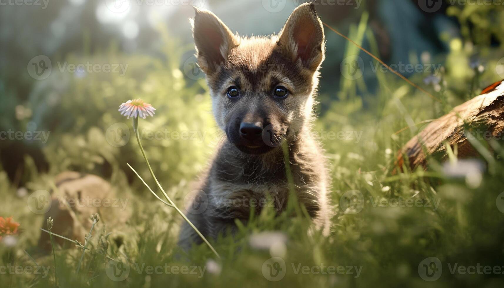 carino cucciolo giocando all'aperto nel il verde erba prato generato di ai foto