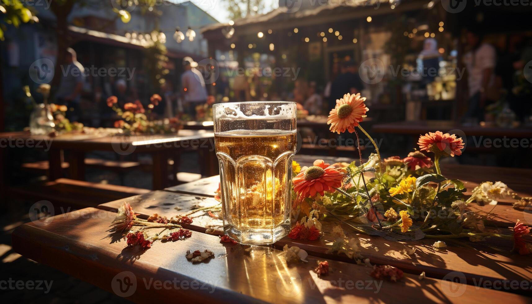 un' fresco giallo fiore decora il all'aperto tavolo a il pub generato di ai foto