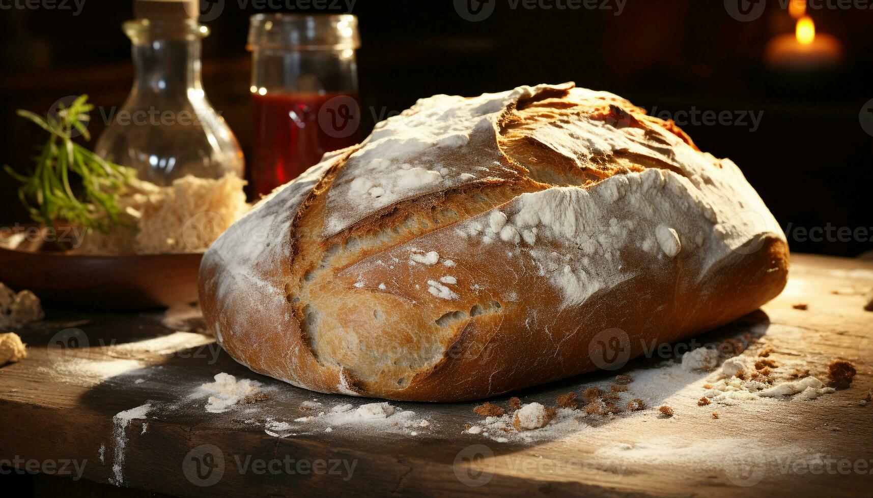 appena al forno fatti in casa baguette su rustico di legno tavolo generato di ai foto