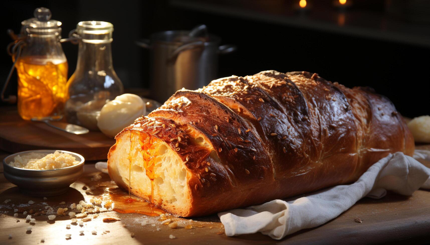 grigliato Maiale bistecca su rustico di legno tavolo, pronto per mangiare e fatti in casa generato di ai foto