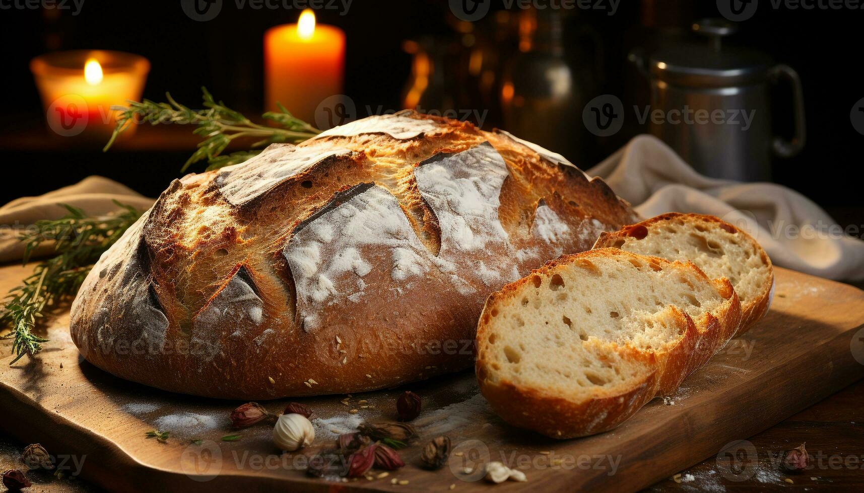 appena al forno pane su di legno tavolo, un' buongustaio pasto attende generato di ai foto