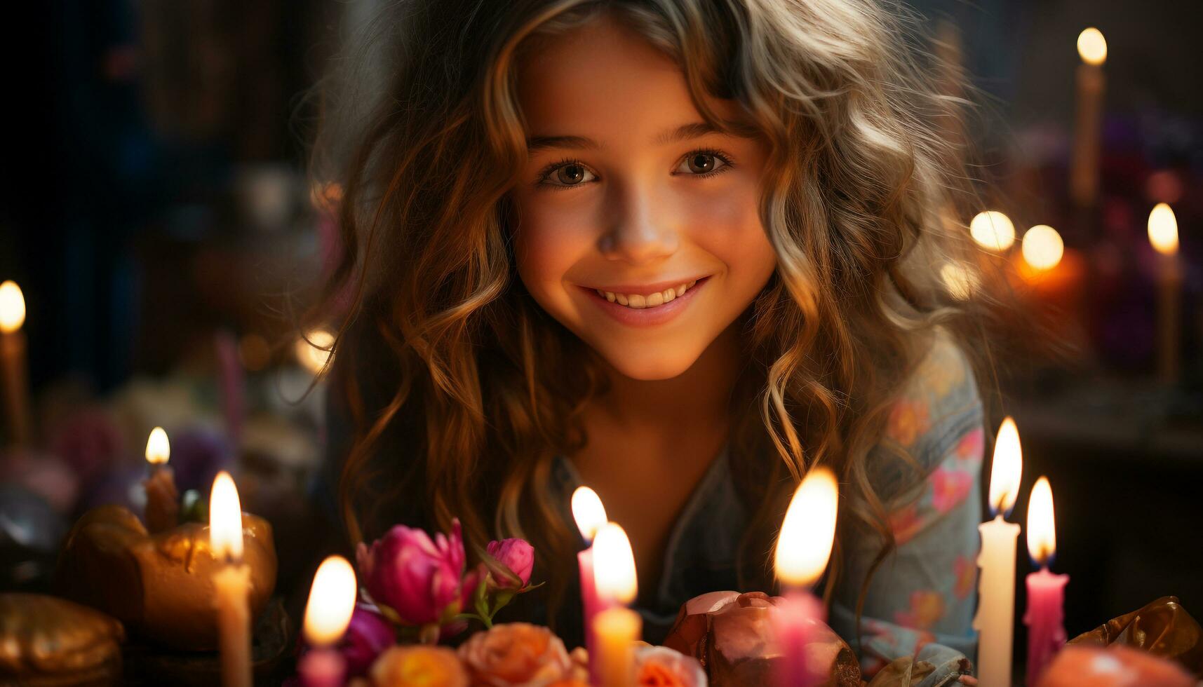 sorridente ragazza detiene candela, radiante felicità nel buio inverno notte generato di ai foto