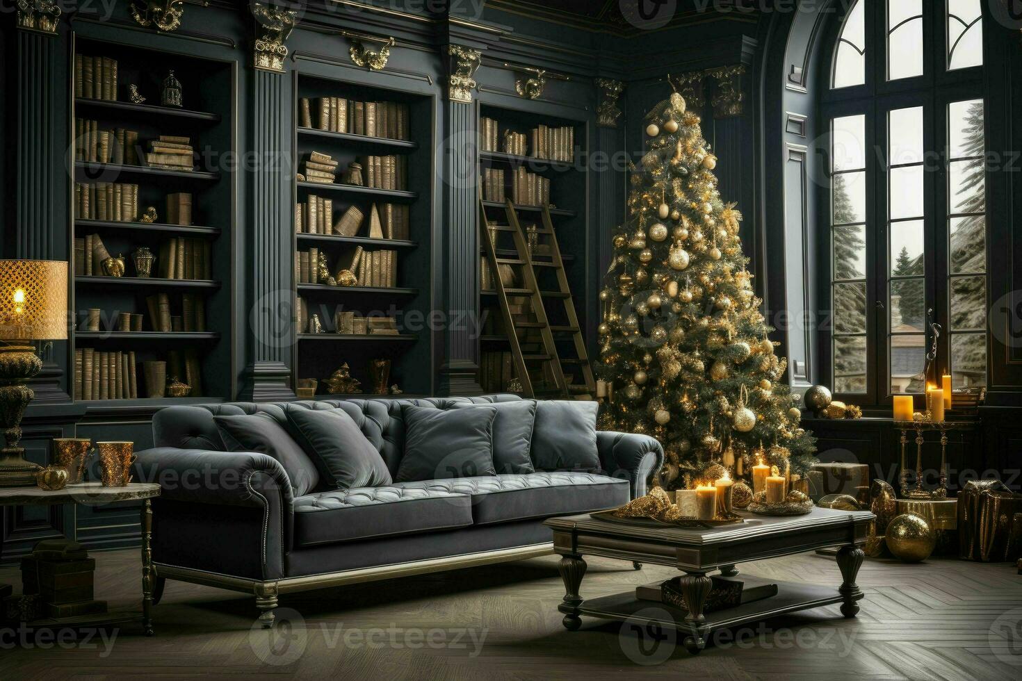 elegante interno di vivente camera con decorato Natale albero, lusso vivente camera nuovo anno foto