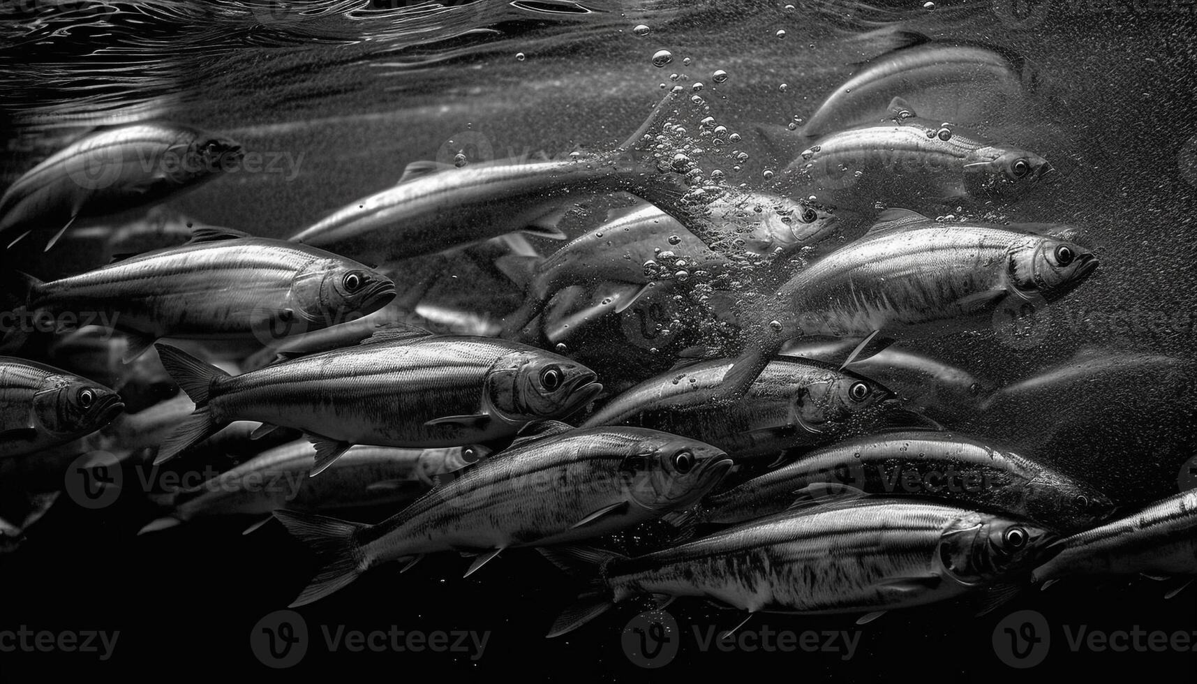 scuola di pesce nel nero e bianca scogliera generato di ai foto