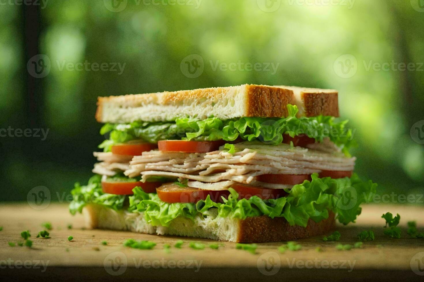 vicino su di alto Sandwich su tavolo. ai generativo foto