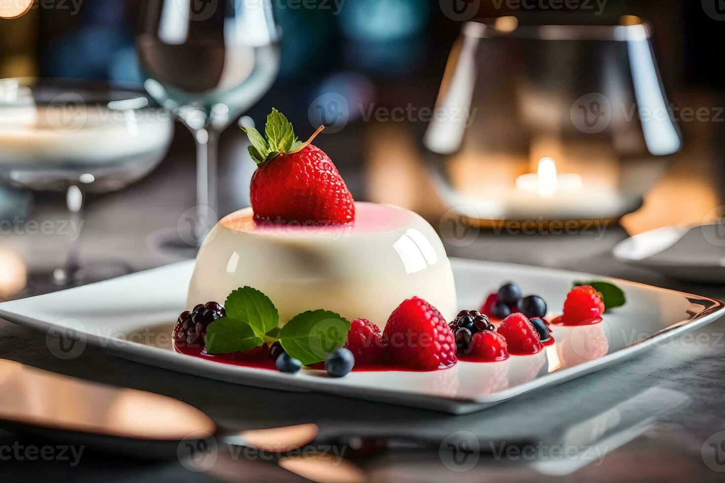 il telecamera è messa a fuoco strettamente su un' dolce chiamato panna cotta, mentre Là è un' fantasia ristorante nel il sfondo ai generato foto