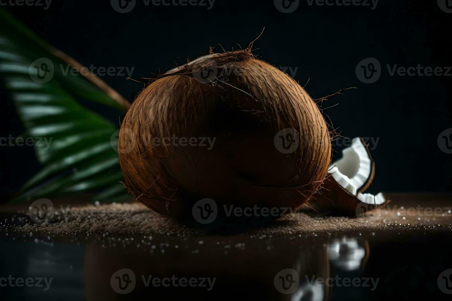 il telecamera è in movimento più vicino per un' Noce di cocco nel un' studio con un' buio sfondo ai generato foto