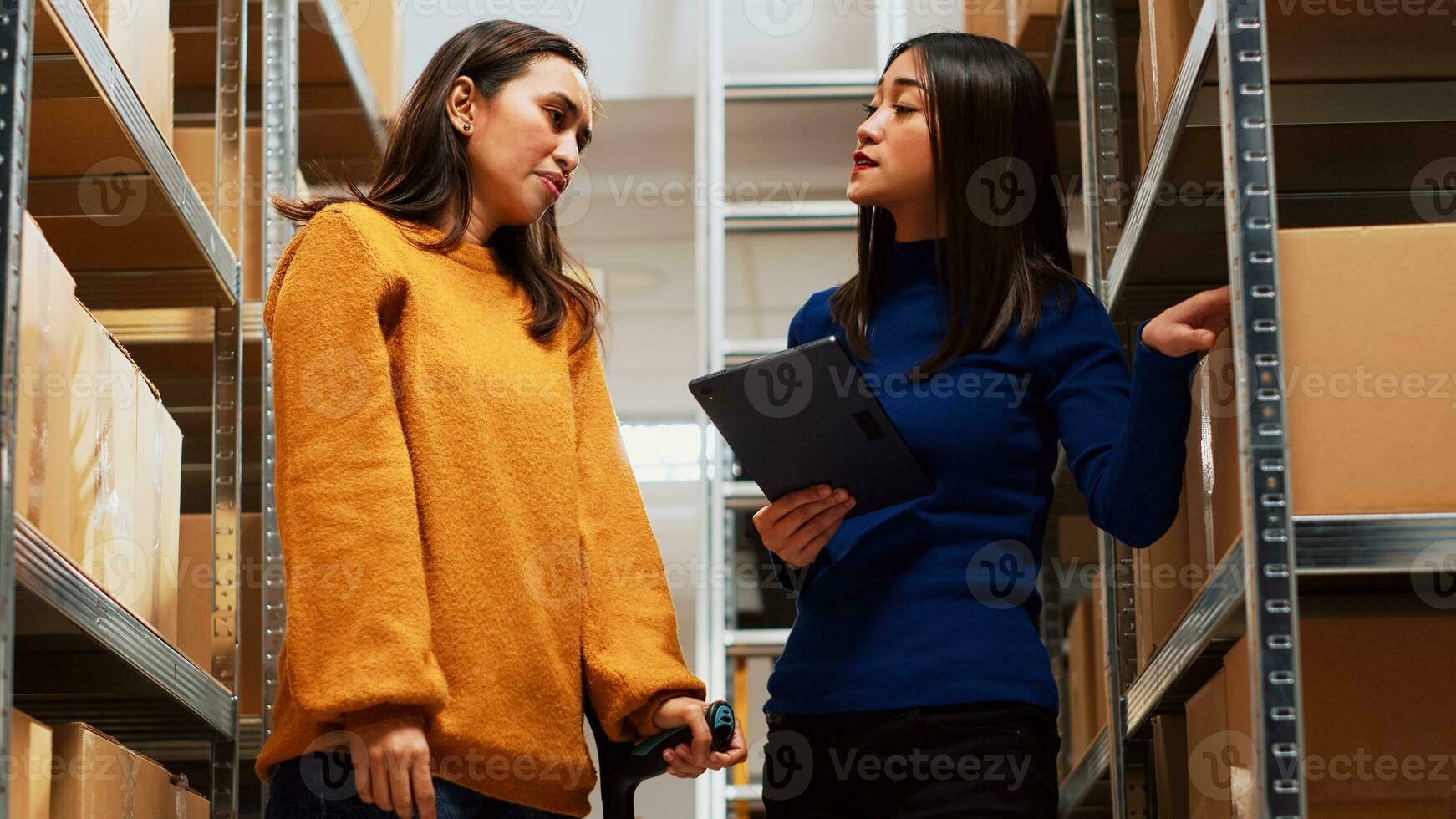 giovane donna con stampelle fare lavoro di squadra nel deposito, guardare a cartone scatole su scaffali e cremagliere. femmina proprietario e dipendente Lavorando con merce nel Conservazione camera. palmare sparo. foto