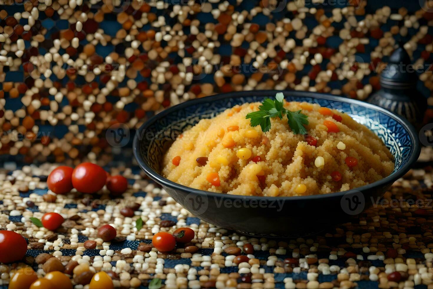 Là è un' piatto di delizioso odorare marocchino couscous su un' tavolo quello ha un' bella piastrelle design ai generato foto