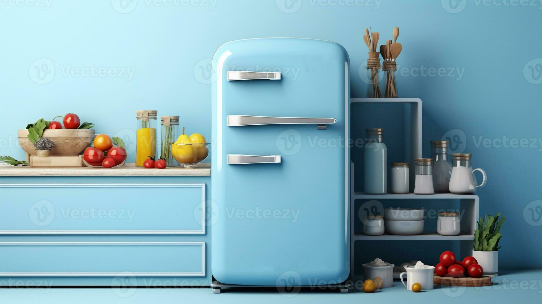 blu frigorifero su un' blu sfondo con cumulo di neve. 3d interpretazione in profondità congelatore, frigo generativo ai foto