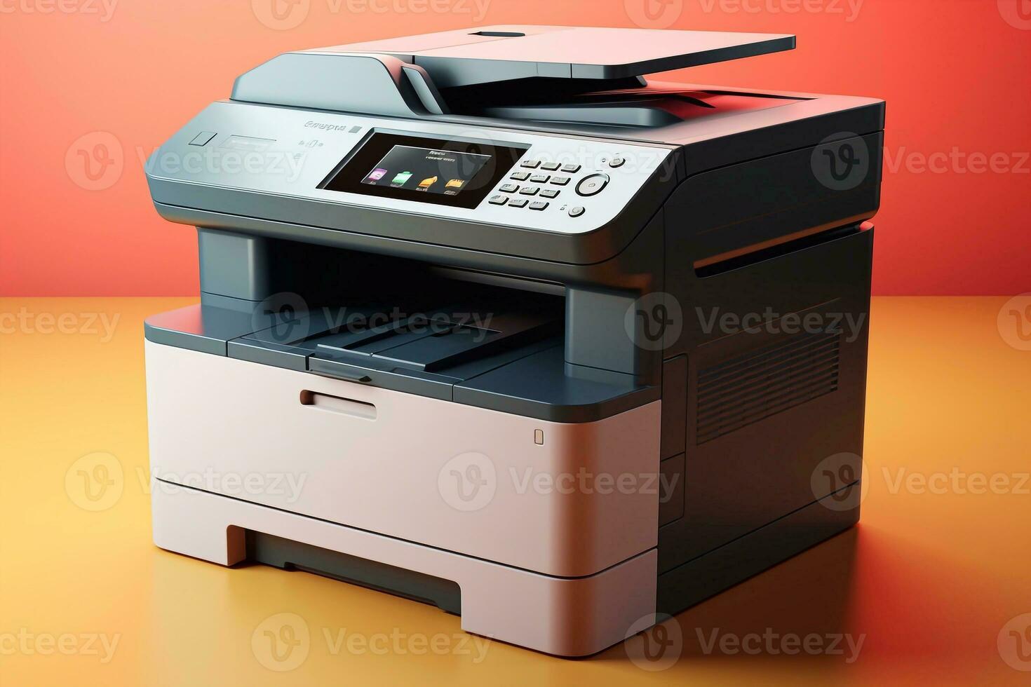 un' Immagine di moderno multifunzione stampante su il tavolo. 3d resa. computer digitale disegno stampante generativo ai foto