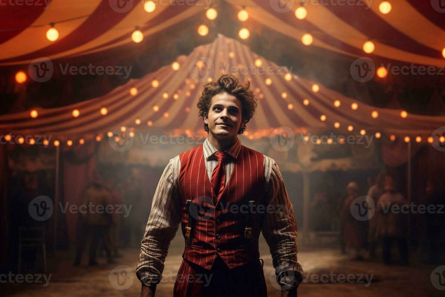 ritratto di un' burlone uomo nel burlone costume a il circo in attesa Festival dietro le quinte generativo ai foto
