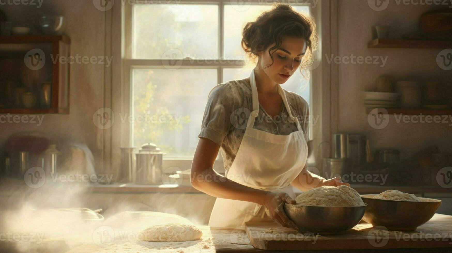 ragazza impasta Impasto nel forno. donna lavori come panettiere e fa pane. Vintage ▾ retrò forno interno. produzione di naturale eco-prodotti. ai generato foto