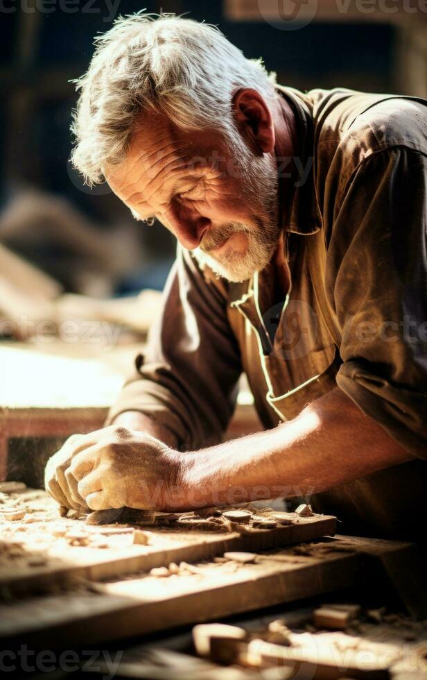 falegname nel il suo laboratorio Lavorando con Di legno. avvicinamento foto di il processi. ai generativo