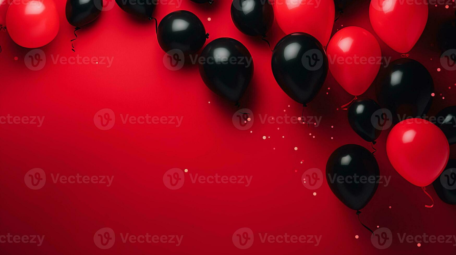 rosso e nero palloncini al di sopra di rosso sfondo. nero Venerdì concetto. modello modello per testo, logo e Prodotto presentazione. ai generativo foto