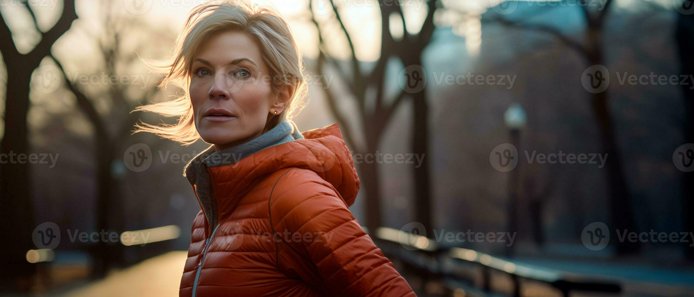 mezzo anziano donna jogging allenarsi a il parco. salutare stile di vita concetto. ai generativo foto