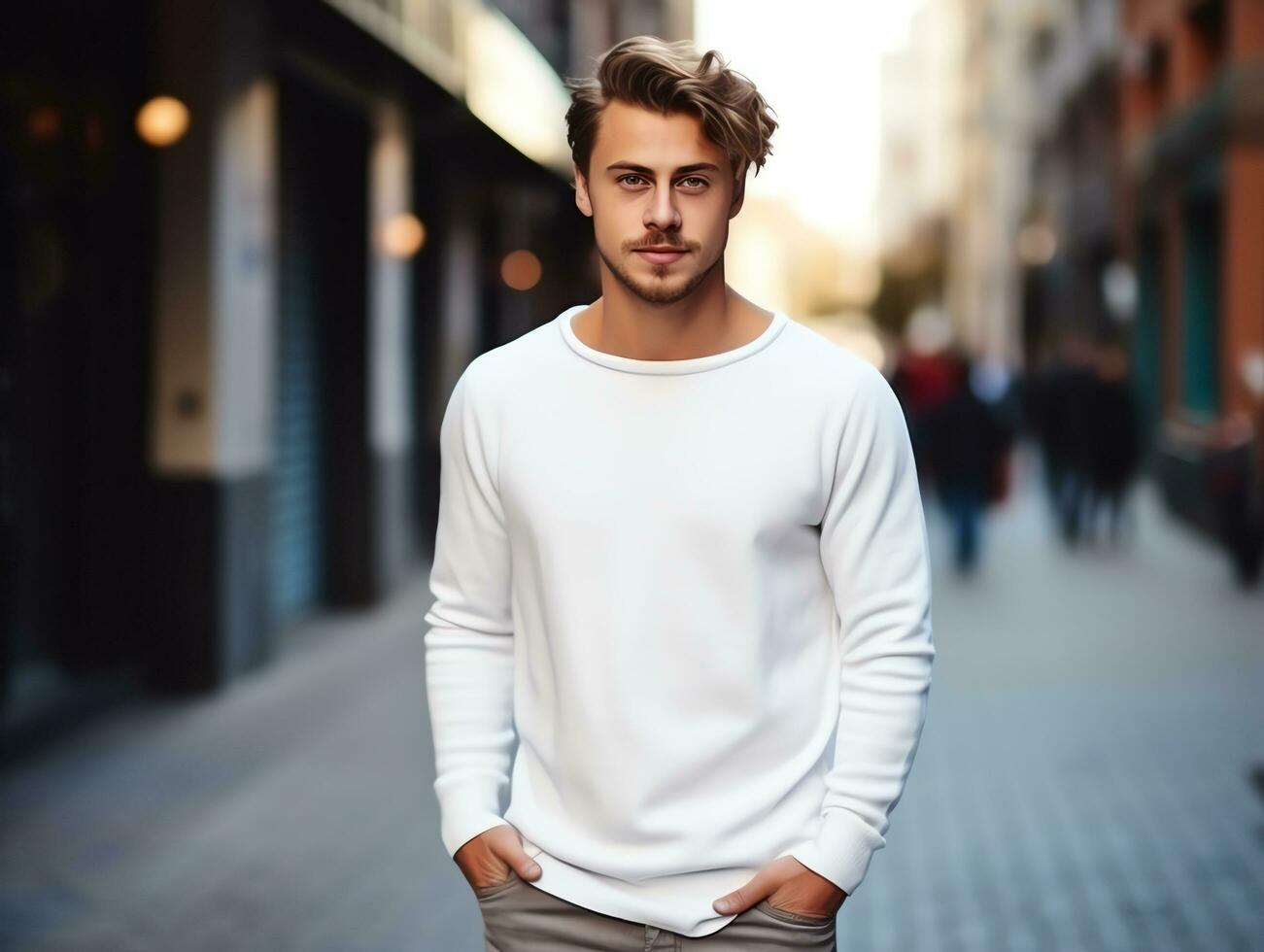 giovane uomo indossare vuoto vuoto bianca maglietta lungo maniche maglione modello per design modello, ai generato foto