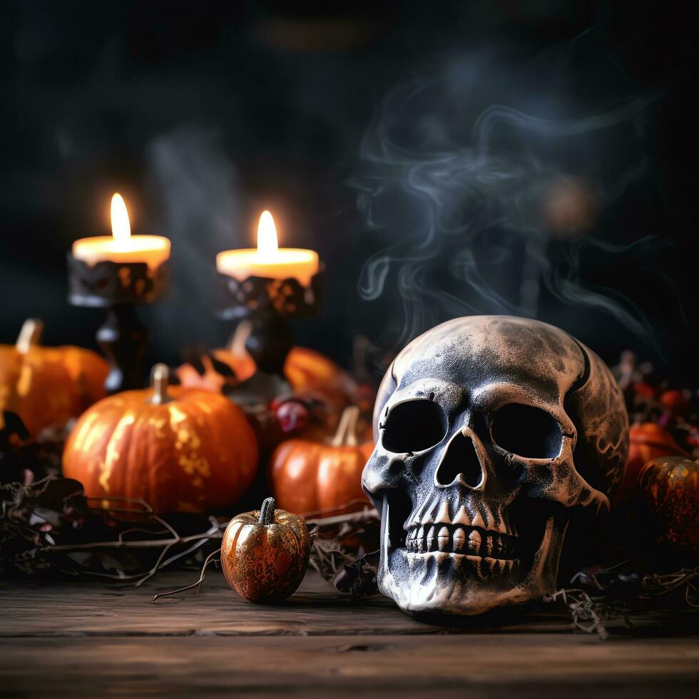 Halloween decorativo su di legno tavolo superiore con sfocato notte scena sfondo, ai generato foto